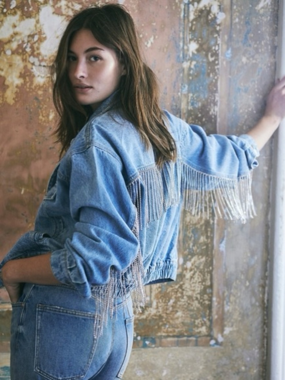 FREE PEOPLE Rhinestone Fringe COMET Denim Bomber Jacket - Picture 4 of 16